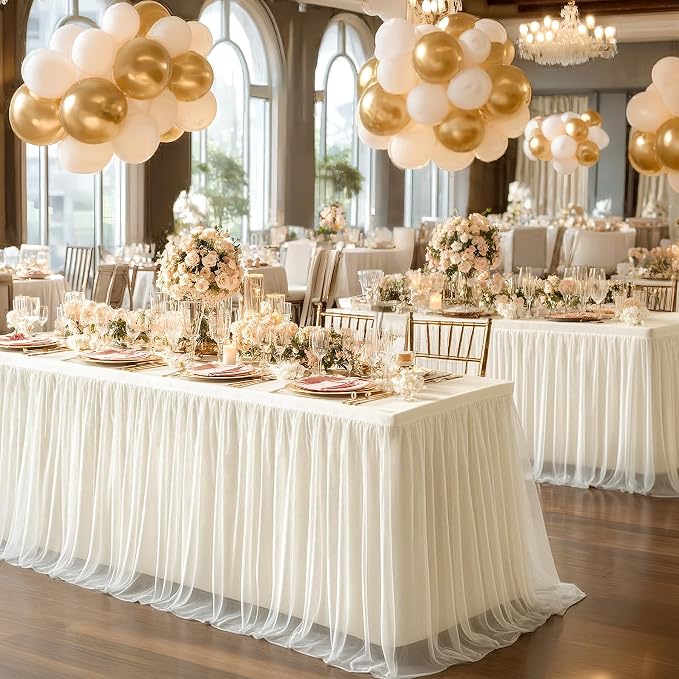 2 Pack Ivory Tablecloths for 8 Foot Rectangle Tables with Tulle Table Skirt Wedding Table Cover Stretchy Fitted Ruffle Tutu Tablecloth for Baby Shower Reception Birthday Parties Celebration Banquet