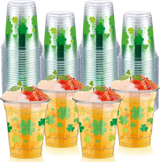 FoldTier 50 Pcs St. Patrick's Day Cups 12 oz Plastic Shamrock Glasses Clear Green Clover Disposable Glasses Irish Theme Drinking Cups for Irish Lucky Day Theme Party Supplies Decoration(Shamrock)