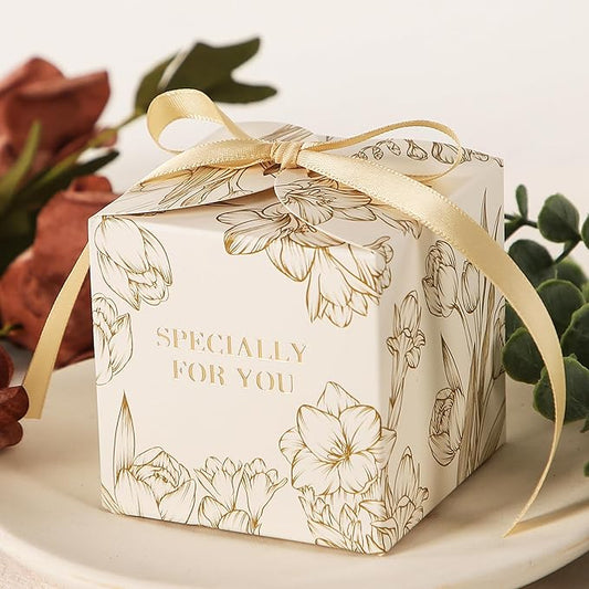 Yoption 50pcs Tulips and Freesia Party Favor Boxes, 2.75 x 2.75 x 2.75 Inch Champagne Gold Wedding Candy Box with Ribbons for Wedding Bridal Baby Shower Birthday Party Decoration