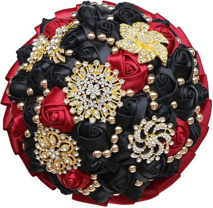 Burgundy and Black Bridal Wedding Bouquet Luxury Gold Rhinestone Brooch Bouquet for Bride Bridesmaid Quinceanera Satin Rose Artificial Flower Bouquet Wedding 9.5in