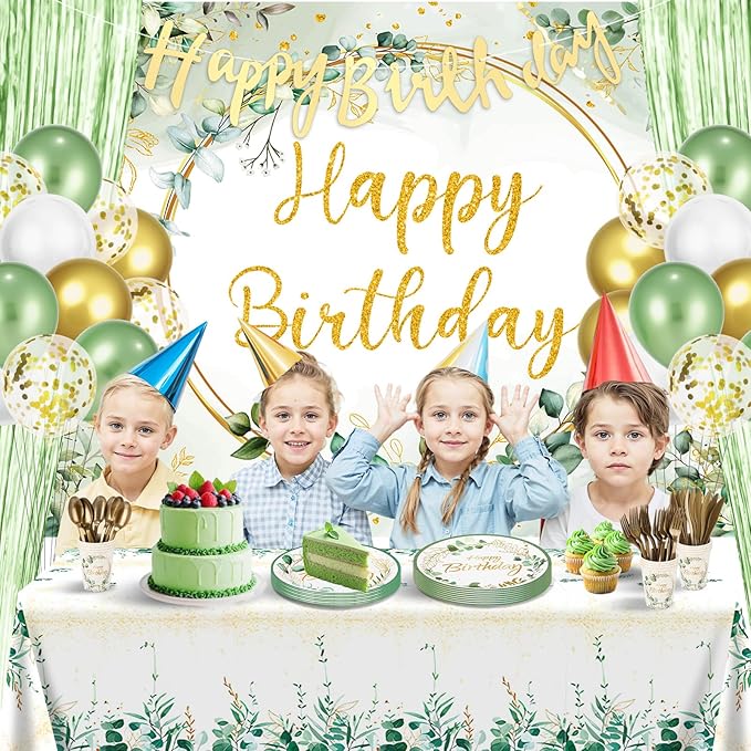 Sage Green Birthday Decorations 118PCS Olive Green Happy Birthday Banner Backdrop Balloons Garland Arch Kit Tablecloth Greenery Gold Plates and Napkins Party Supplies for Women Girls Baby Shower Decor
