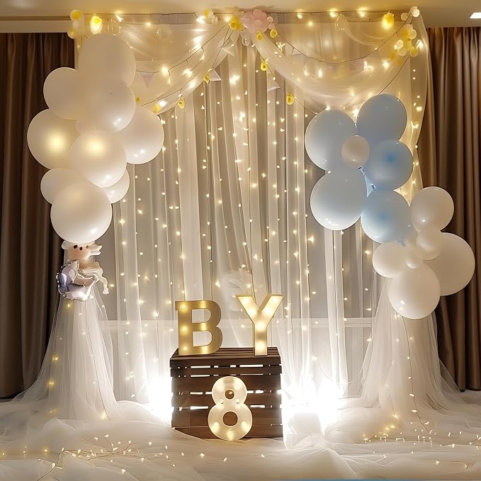 10ft x 8ft White Backdrop Curtains with Lights String for Parties, Sheer Tulle Wedding Photo Backdrops Drapes for Baby Shower Birthday Party Decorations Background for Photography