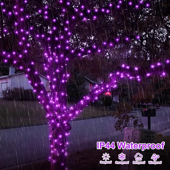 QITONG 2 Pack Battery Operated String Lights, Each 33ft 100 LED Purple Halloween Lights Outdoor Waterproof, 8 Modes Clear Wire Christmas Twinkle Fairy Lights Indoor with Remote