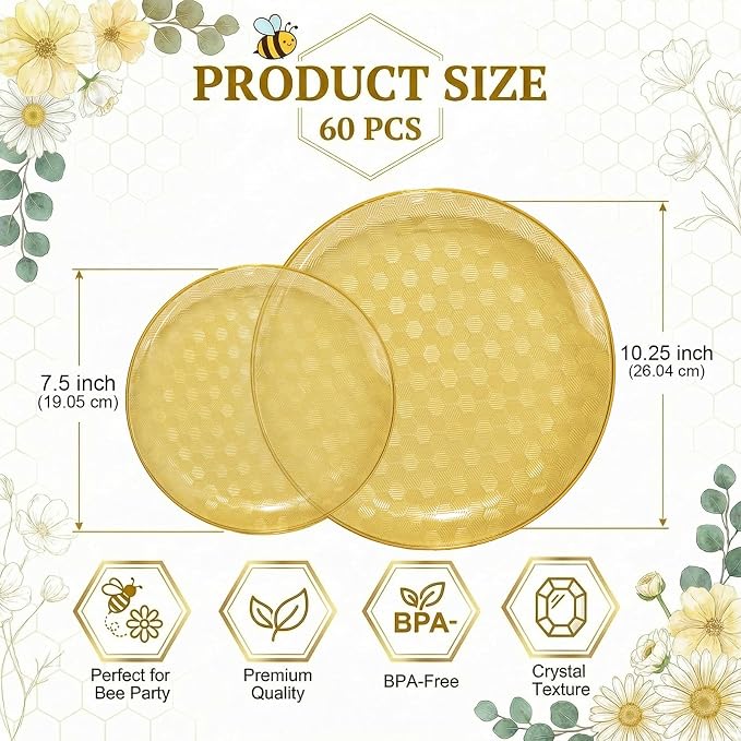 Festiva 60PCS Clear Yellow Gold Plastic Plates - Heavy Duty Fancy Disposable Plates With Gold Rim -serve for 30 guests Include 30PCS 10.25" & 30PCS 7.5" Honeycomb Design Plates for Party(Yellow)