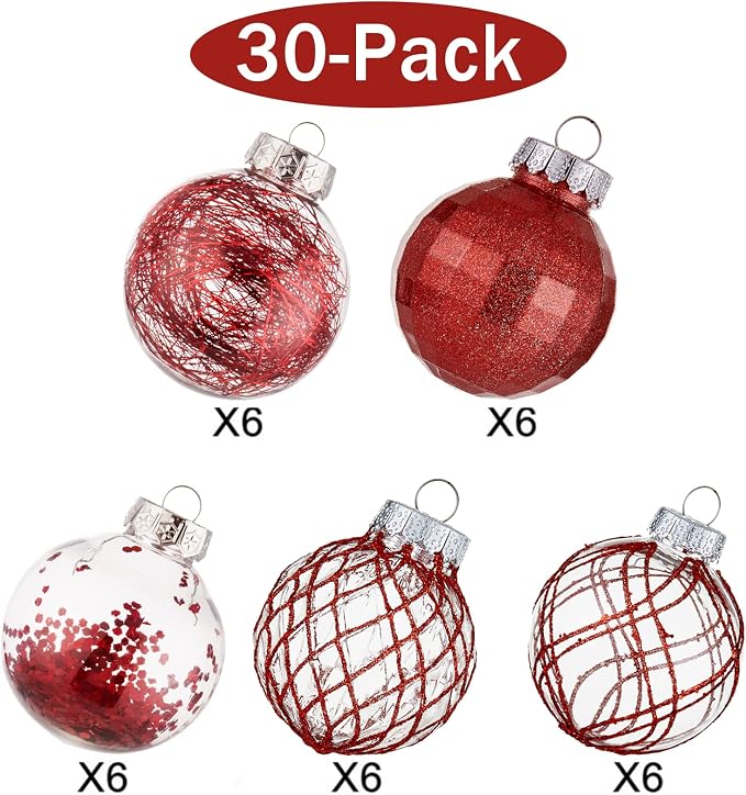 CristBest 30ct Christmas Ball Ornaments-60mm/2.36" Shatterproof Clear Plastic Xmas Balls Baubles Set with Stuffed Delicate Sparkling, Hanging Christmas Tree Decorations(Red)
