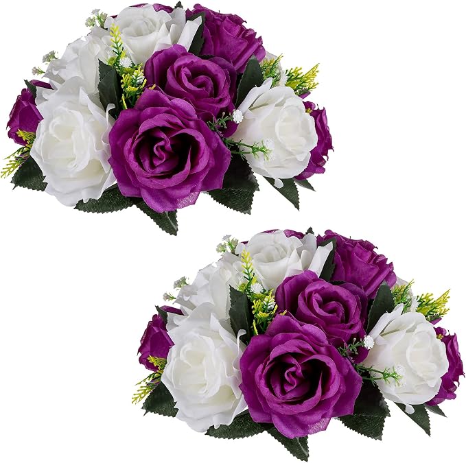 NUPTIO Flower Balls Centerpieces for Tables: Purple & White Fake Roses | 2 Pcs 9.5 inch, Artificial Flower Arrangements for Wedding, Birthday Party, Bridal Shower, Quinceanera Decorations