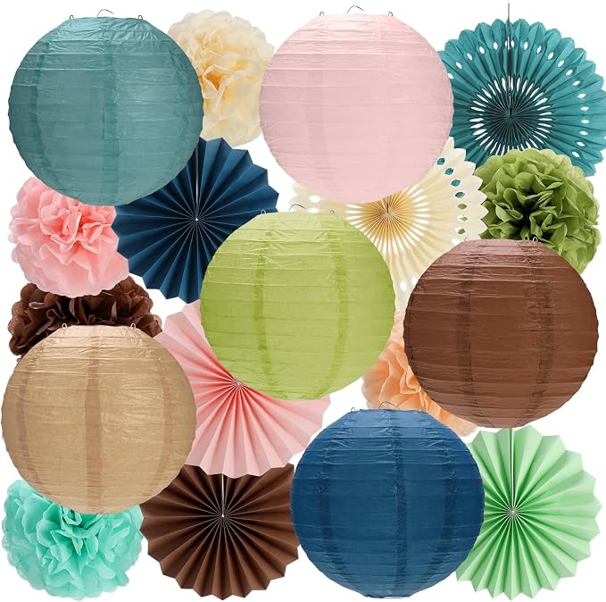 MotiMind 30 Pcs Boho Classroom Decorations Set, Hanging Paper Lanterns Paper Fans Tissue Pom Poms, Back to School Neutral Bulletin Board Hanging Decor for Ceiling Wall Birthday Backdrop Party Supplies