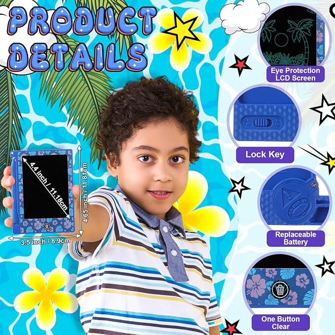 Nezyo 12 Pack Hawaiian Party Favors LCD Writing Tablet for Kids 4.4 Inch Cartoon Themed Drawing Tablet Erasable Reusable Electronic Drawing Pads for Birthday Supplies Gifts Goodie Bags Stuffers