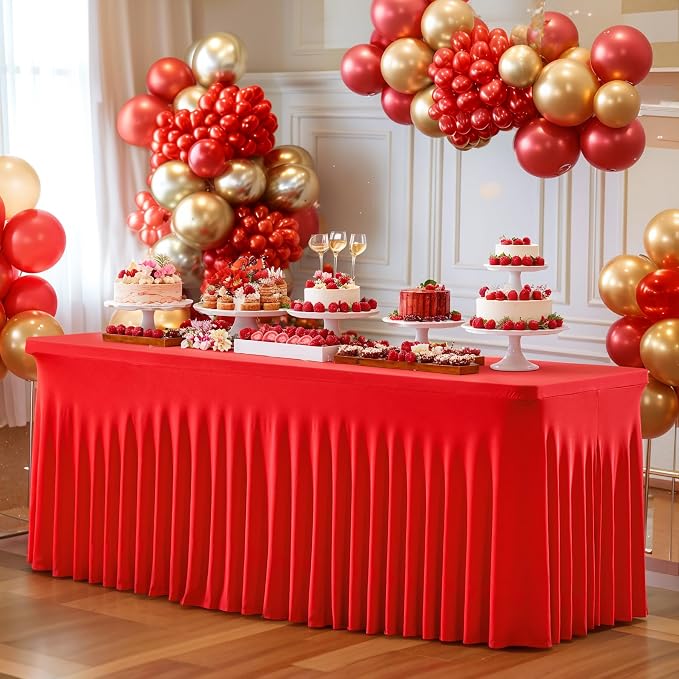 4 Pack Red Table Cloth for 8 Foot Rectangle Tables Spandex Fitted Tablecloth 8ft Stretch Table Covers Skirt Red Banquet Tablecloths Wrinkle Free Tablecloth for Party Wedding Birthday Event