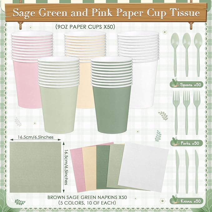 Mimorou 354 Pcs Sage Green and Pink Plates and Napkins Set Serves 50 Guests Gradient Green and Pink Tablecloth Plates Cup and Napkins Tableware for Birthday Wedding Bridal Baby Shower Party Supplies