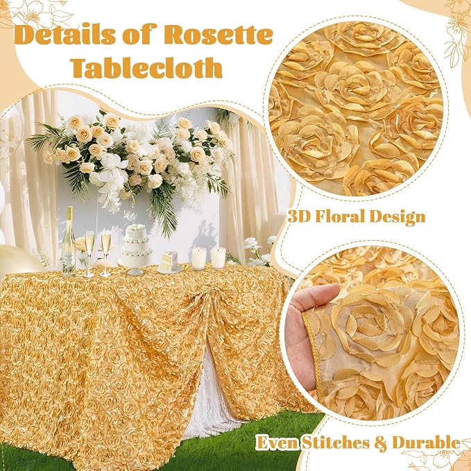 B-COOL Rosette Wedding Tablecloth Light Gold 90x132 Inch 3D Floral Rectangle Table Cloth Birthday Tablecloths for Romantic Wedding Engagement Party Table Decorations