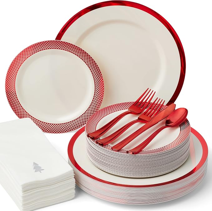 By Madee HEAVYWEIGHT 175 Pc Ivory with Red Trim Plastic Disposable Dinnerware Set with Silverware & Linen-Like Premium Napkins (25 Guests)