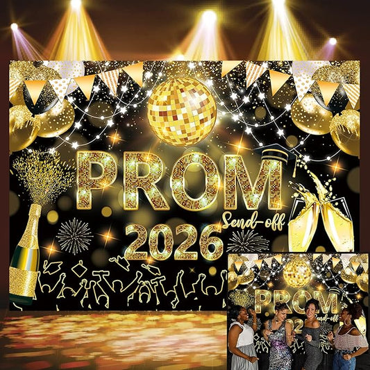 2026 Graduation Prom Backdrop Celebration Graduation Black Gold Glitter Disco Ball Prom Send Off Photography Background School Class of 2026 Prom Night Party Decorations Banner (Black Gold, 10x8F)