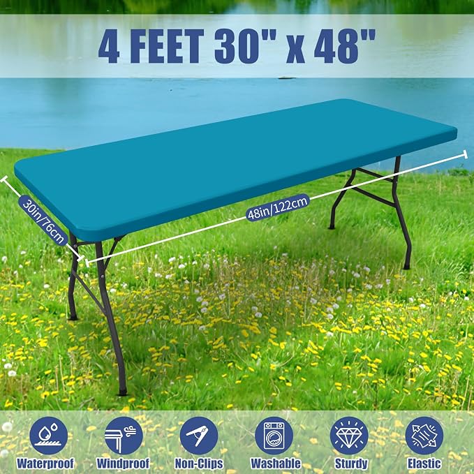 Moosfor Spandex 4 Foot Rectangle Table Cloth 6 Pack, Elastic Fitted Tablecloths for Picnic, Stretch Washable Patio Table Cover for Outdoor, Camping, Banquet and Parties (Teal, 30"x48")