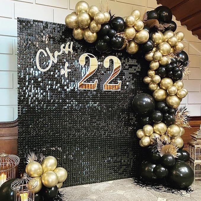 COKAOBE Black Shimmer Wall Backdrop, 36PCS Square Sequin Shimmer Backdrop Panel, Photo Backdrops for Birthday, Anniversary, Wedding, Graduation & Bachelorette Party Decoration