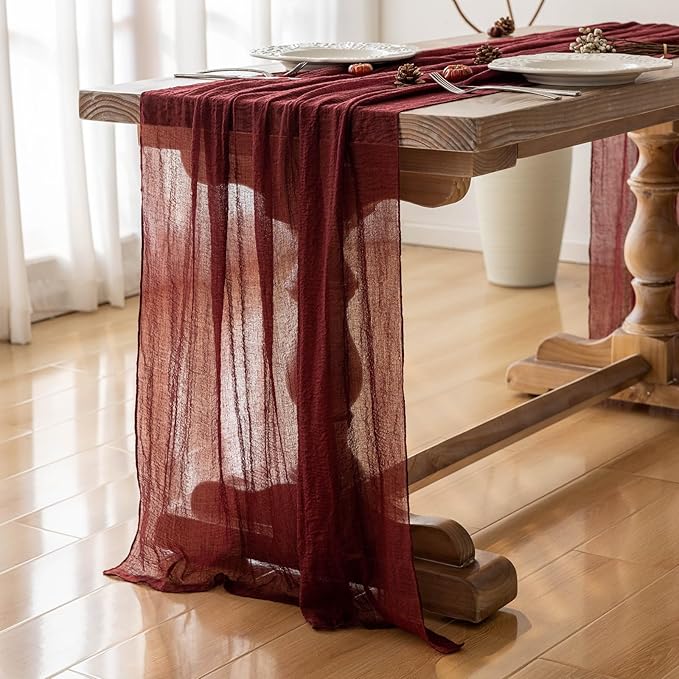 Keketoarrange Burgundy Mothers Day Cheesecloth Table Runner Gauze 120 Inch 10 FT Rustic Boho Cheese Cloth Runner for Wedding Baby Bridal Shower Party Long Sheer Spring Summer Home Decorations