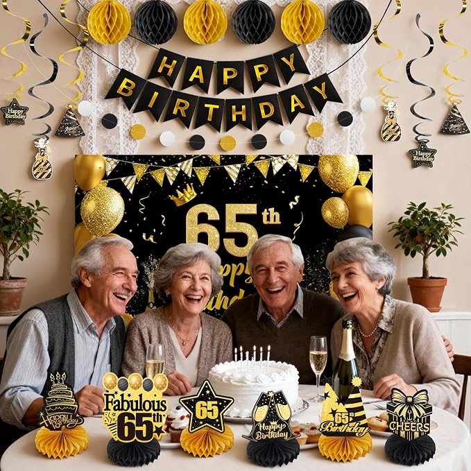 Happy 65th Birthday Party Decoration: Including Birthday Banner Backdrop, Party Table Centerpieces and Hanging Swirl Party Streamers, Birthday Decor for Men and Women (Gold/Black, 65th Birthday)