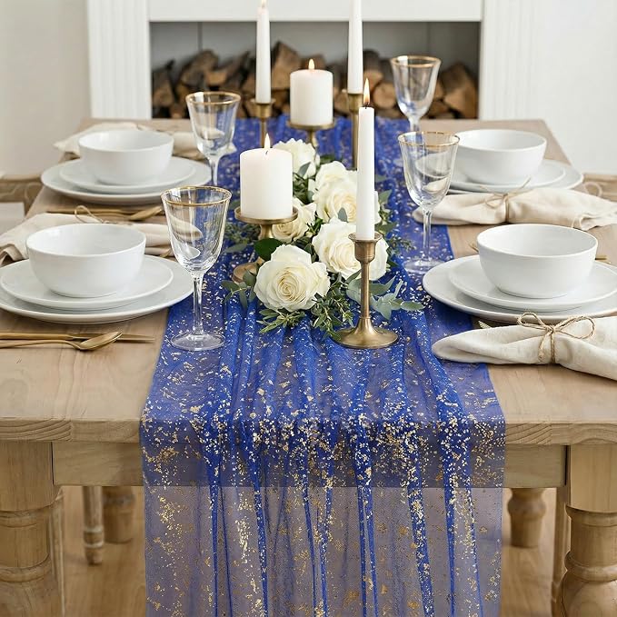 Artoid Mode Blue Gold Gauze Table Runner 59x120 Inch 10FT, Glitter Metallic Foil Sheer Dining Wedding Anniversary Holiday Table Decor for Home Party