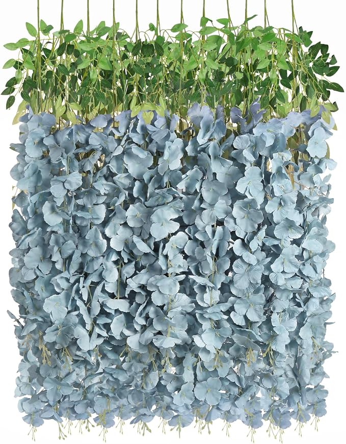 12PCS 3.6Ft Artificial Wisteria Hanging Flowers Dusty Blue Fake Hanging Flowers Garland Silk Flowers Rattan String Faux Wisteria Vine for Garden Home Wedding Arch Decorations (Dusty Blue)