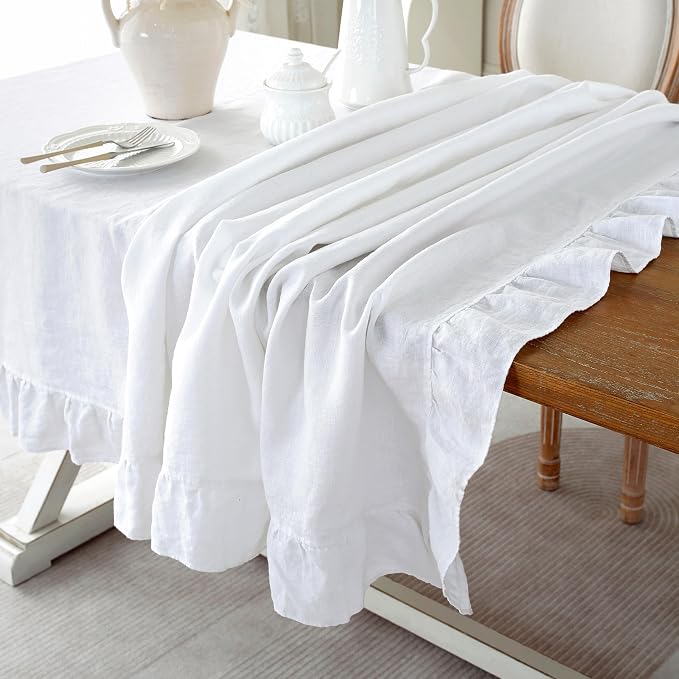 Linen World Ruffle Linen Tablecloth,100% French Linen White Tablecloth 132" x 90" Inch,Washable Rectangular Tablecloth for Dining,Outdoor,Weddings and Restaurants,Decorative Thanksgiving Christmas