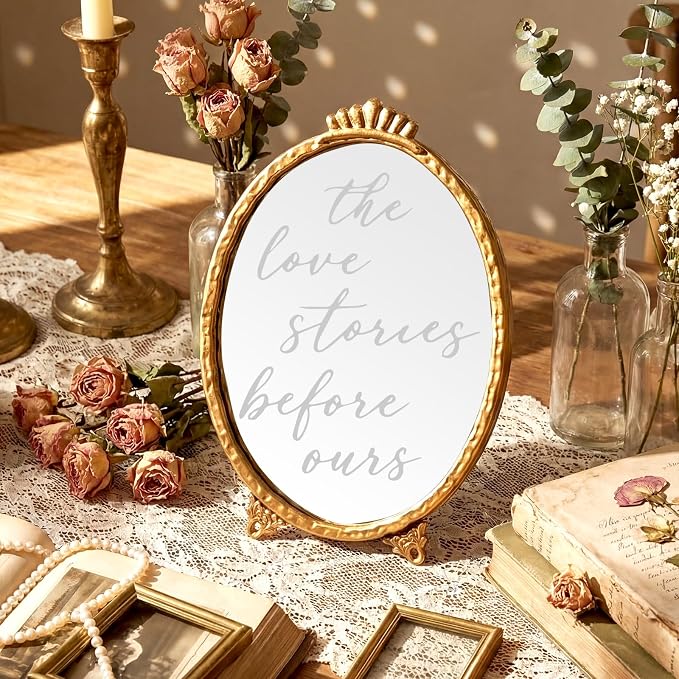 Bucherry Vintage Love Wedding Sign The Love Stories Before Ours Mirror Plaque Elegant Resin Frame with Mirror 10.6" x 7.9" Baroque Reception Decor Gold Table Centerpiece