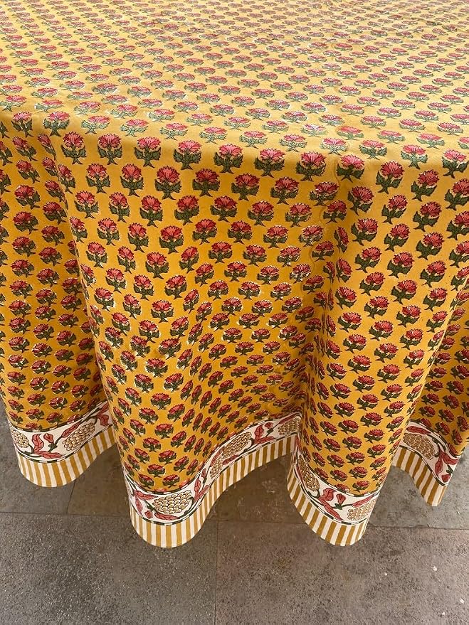 Ridhi Round Tablecloth Hand Block Print 100% Cotton Reusable Mustard Yellow 120 Inch Table Cover Decorative Everyday Use for Dining, Home, Party, Wedding, Farmhouse Gift for Spring, Mother's Day