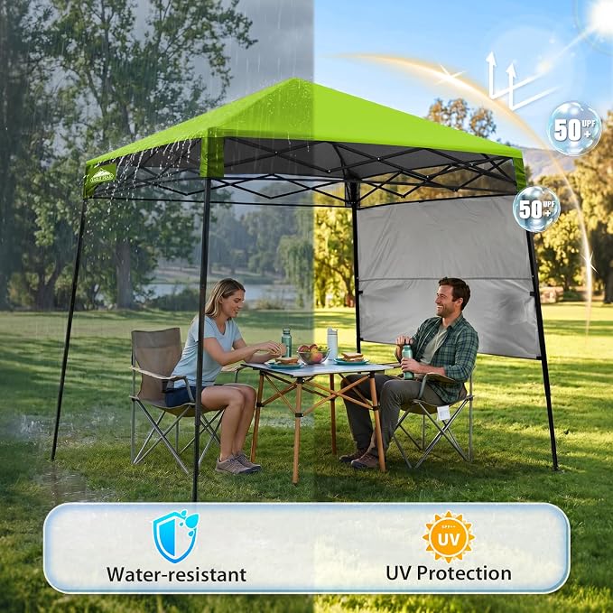 EAGLE PEAK 8x8 Pop Up Canopy Tent with Sidewall, Compact, Portable Slant Leg Instant Sun Shelter for Beach, Sports, & Camping, 8x8 Base 6x6 Top, Green