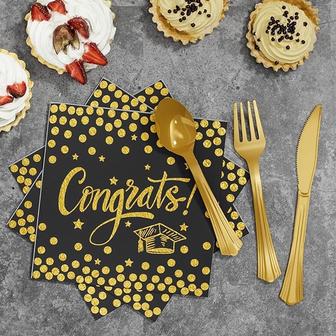 Ecomore 2026 Graduation Party Decoration - 350 PCS Black Gold Grad Supplies Disposable Dinnerware (Severs 50) w/ Congrats Paper Plates Napkin Cup Plastic Cutlery for College High School Class of 2026