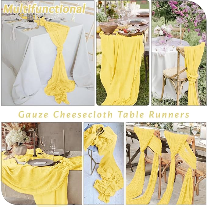 16Pack Light Yellow Cheesecloth Table Runner 10FT Yellow Gauze Table Runner 35x120Inch Long Boho Spring Easter Table Runners Rustic Sheer Table Runners for Wedding Baby Bridal Shower Decor