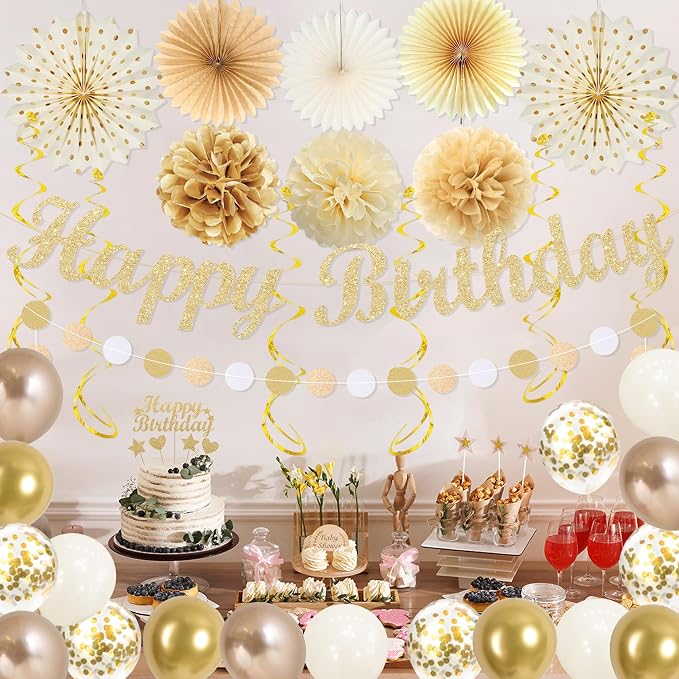 Vlipoeasn Champagne Gold Birthday Party Decorations Set, Happy Birthday Banner Cake Topper Paper Fans Pompoms Latex Balloons Kit, Party Supplies for Women Men Adults Kids Indoor Backdrop Decor