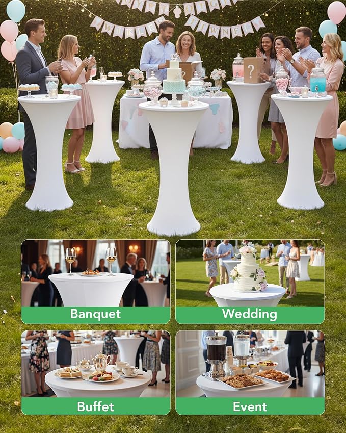 KeyWave Cocktail High Top Table Covers - 24x43 Inch Fitted Spandex Round Cocktail Tablecloth for Bar Height Standing Table Cloths Reusable, for Party Bistro Wedding Event Decorations, White, 8 Pack