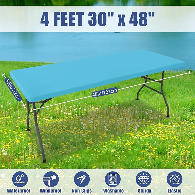 Moosfor Spandex 4 Foot Rectangle Table Cloth 4 Pack, Elastic Fitted Tablecloths for Picnic, Stretch Washable Patio Table Cover for Outdoor, Camping, Banquet and Parties (Blue Mist, 30"x48")