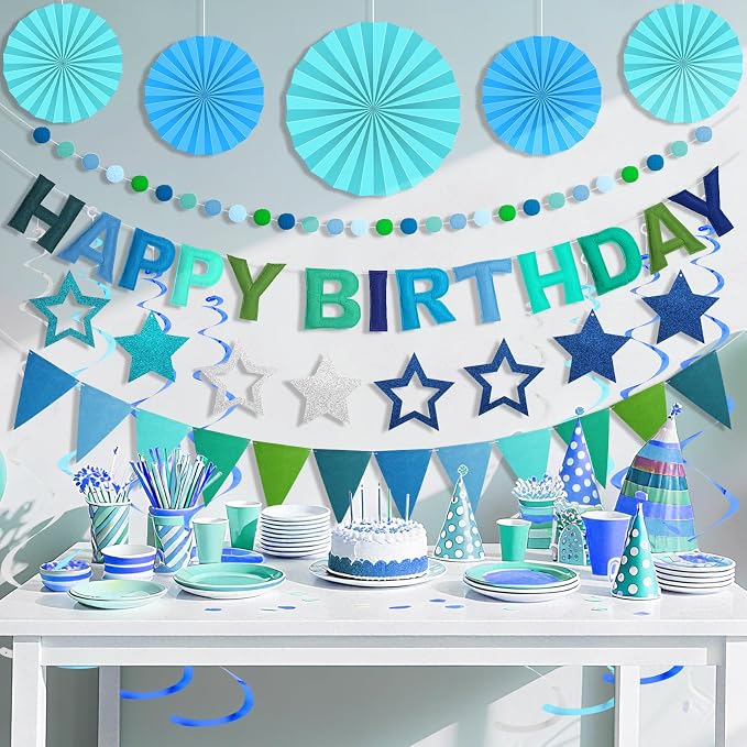 Pre-Strung Happy Birthday Banner, Reusable Felt Birthday Party Decorations, 3D Effect Happy Birthday Sign with Felt Ball Garland, Pennant Flag, Hanging Paper Fans for Men Women Boy Girls (Blue)