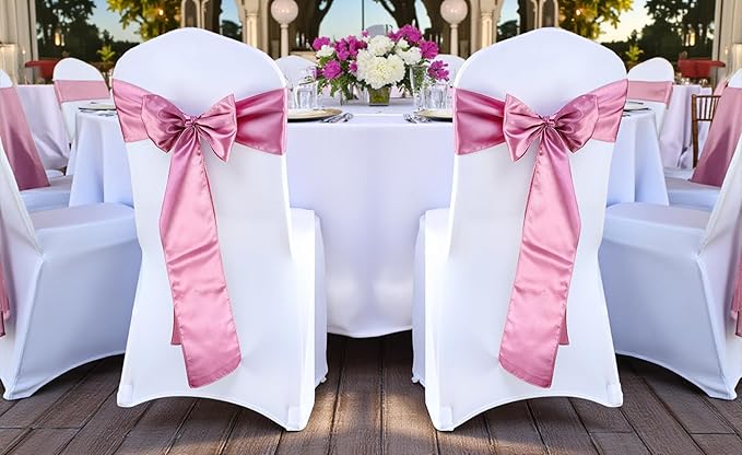 MDS Satin Chair Sashes, 200 Pack, 7”x108” Each, Decorative Chair Bows Ribbon Tie Backs for Wedding Party, Holiday Dinner, Birthday, Reception, Banquet, Hotel & Event Decoration - Dusty Pink