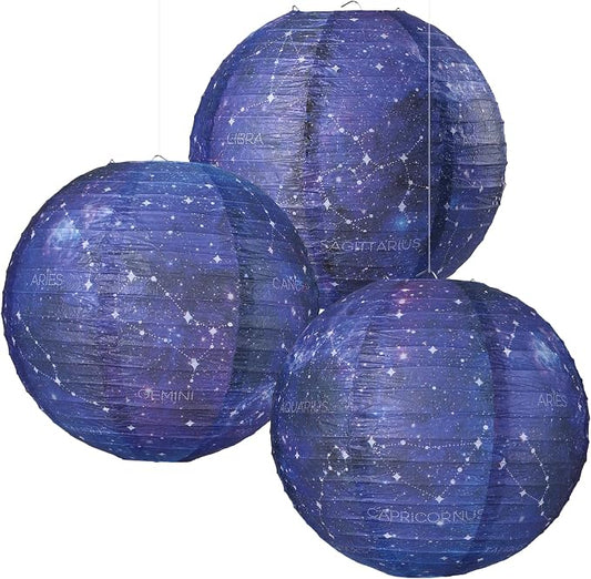 3pcs Galaxy Paper Lanterns with Constellation, 12 inch Space Party Decor, Galaxy Themed Paper Lanterns for Galaxy Party Decorations Party Birthday Room Decorations
