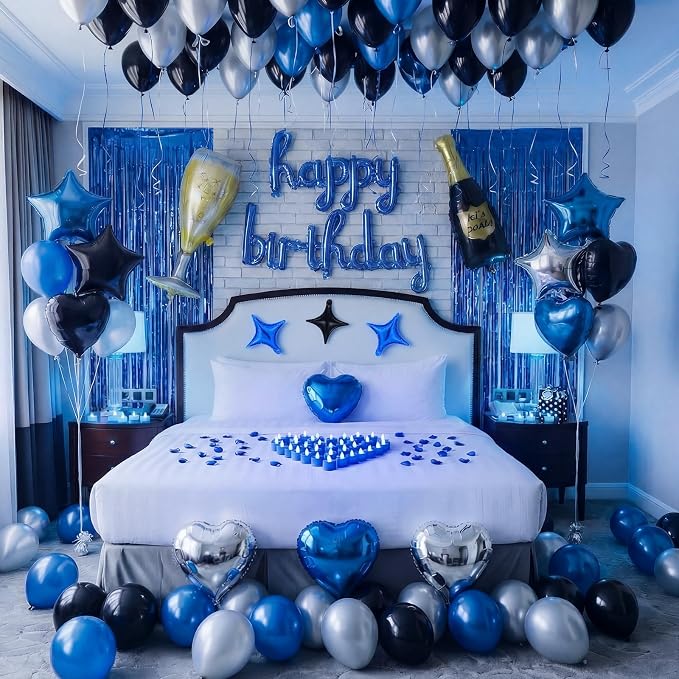 Realspring 175 Pcs Blue Happy Birthday Balloons Decorations Birthday Letters Banner with LED Candle Star Balloons 5000 Rose Petals for Surprise Party Room Decor Men Women