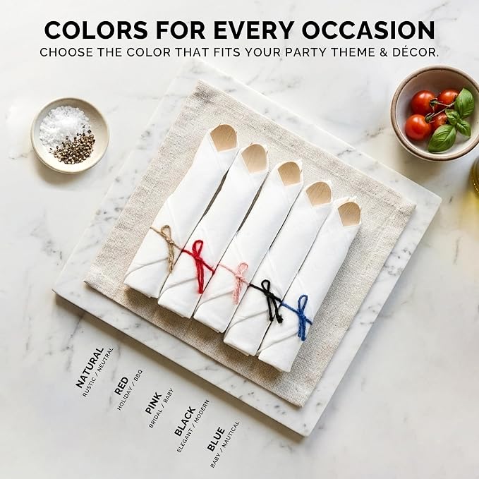 Prerolled Disposable Bamboo Cutlery Set – 150 Pack Pre Wrapped Silverware and Napkin Bundle with Forks, Knives, Spoons for Parties, Weddings, Events, and BBQ (Blue String)