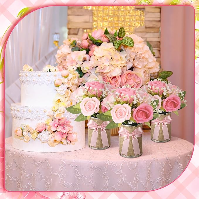 Suncalla 45 Pcs/6 Set Floral Baby Shower Decorations for Girl Rustic Vase Table Centerpieces with Burlap Bow Pink Flower Metal Vases Decor for Baby Girls Wedding Reception Picnic Party Table Decor