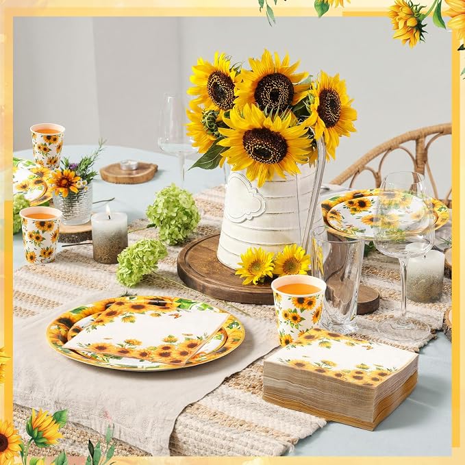 Ziliny 250 Pcs Sunflower Party Decorations Include Sunflower Paper Plates Napkins and Cups for Birthday Wedding Baby Shower Bridal Shower Tea Decorations, Serve 50 Guest