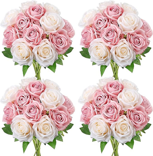 48 PCS Dusty Pink & Champagne Roses Artificial Flowers - Fake Silk Floral with Long Stems Bulk for Table Centerpieces DIY Bouquet Arrangements Wedding Party Bridal Shower Vase Decorations