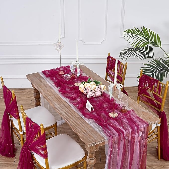 LuoluoHouse Pearl Tulle Table Runner Fabric - Burgundy 10ft Wedding Veil Seasonal Dessert Chiffon Pearl Lace Boho Overlay Wedding Aisle Runner Party Decorations Doilies