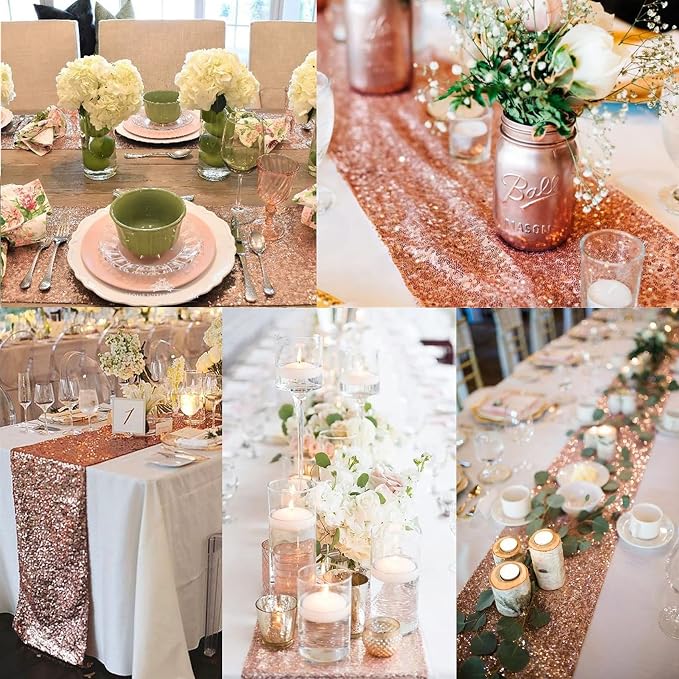 12 Packs Sequin Table Runner Rose Gold 12 X 108 Inch Glitter Dining Table Runner for Birthday Wedding Engagement Bridal Baby Shower Bachelorette Holiday Celebration Party Supplies Decorations