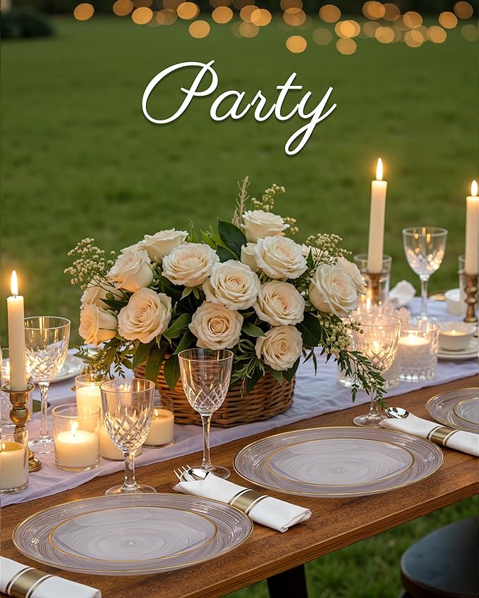 Morejoy 175PCS Clear Gold Plastic Plates - Disposable Gold Party Plates & Pre Rolled Napkins with Cutlery for 25 Guests, 50Plates, 75Silverware, 25Cups, 25Napkin for Party & Wedding & Mother's Day