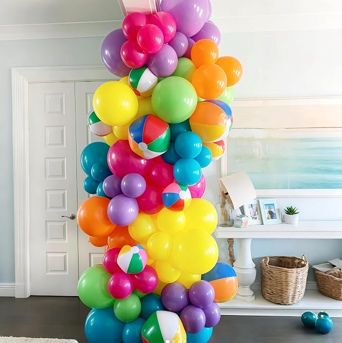 Multicolor Summer Balloon Arch Kit, Assorted Color Blue Purple Orange Green Pink Gold Birght Rainbow Balloon Garland, Colorful Neon Balloons for Kids Hawaiian Tropical Pool Birthday Party Decorations