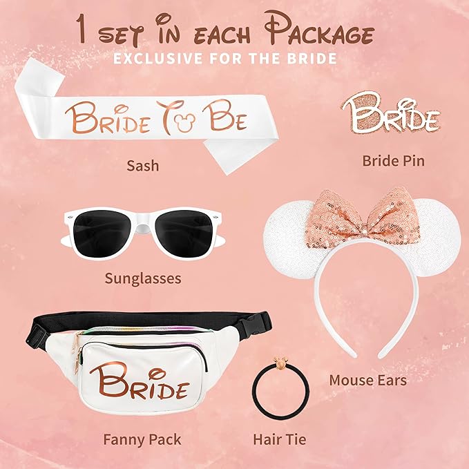 Mouse Ears Set - Bride Accessories - Bachelorette Party Favors - Match Bachelorette Outfit (Rose Gold/White, 1)