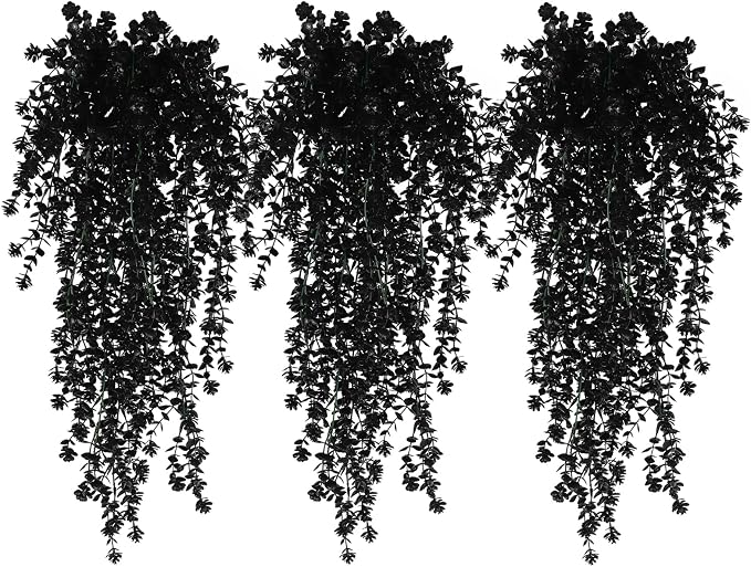 RECUTMS Black Hanging Flowers Faux Hanging Plants Black Artificial Hanging Plant Fake Greenery Faux UV Resistant Hanging Vines Plant for Indoor Outdoor Wedding Halloween Party Fall Wall Decor 3 Packs