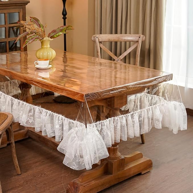 ARTABLE Vinyl PVC Rectangle Tablecloth Waterproof Clear Table Cover with Champagne Lace Macrame Border for Wedding Kitchen Home Outdoor Indoor Holidays Party Decor (Offwhite-1, 60 x 104 Inch)