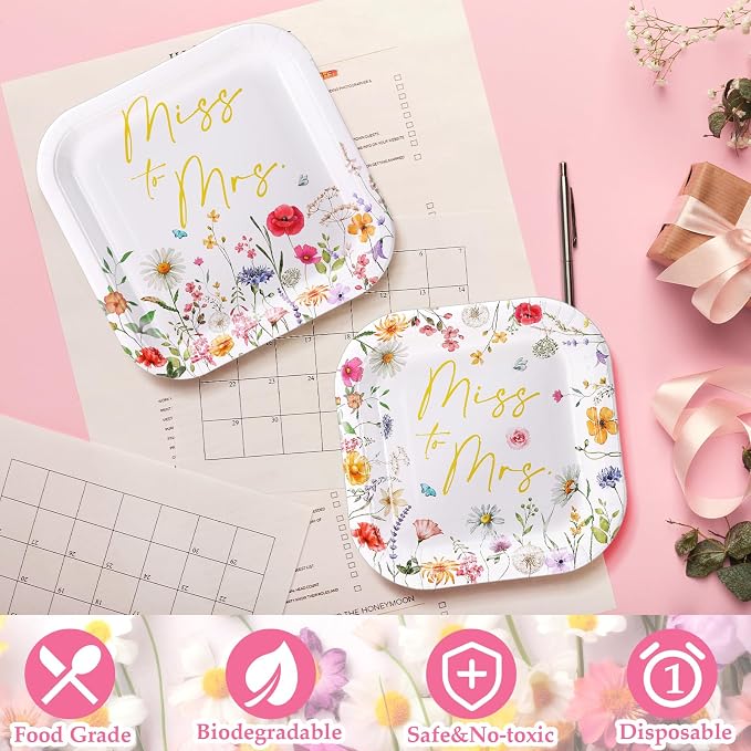 Umigy 100 Pcs Paper Plates Flower Dinner 9'' Floral Disposable Paper Plates 7'' Square Dessert Set for Dinner Birthday Wedding Baby Shower Party Tableware(Pink and Gold,Miss to Mrs)