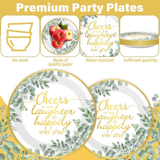 96Pcs Eucalyptus Leaves Bridal Shower Party Supplies Cheer to Love Birthday Plates and Napkins Sage Green Tableware Disposable Dessert Dinnerware for Wedding Engagement Anniversary Decor for 24 Guest