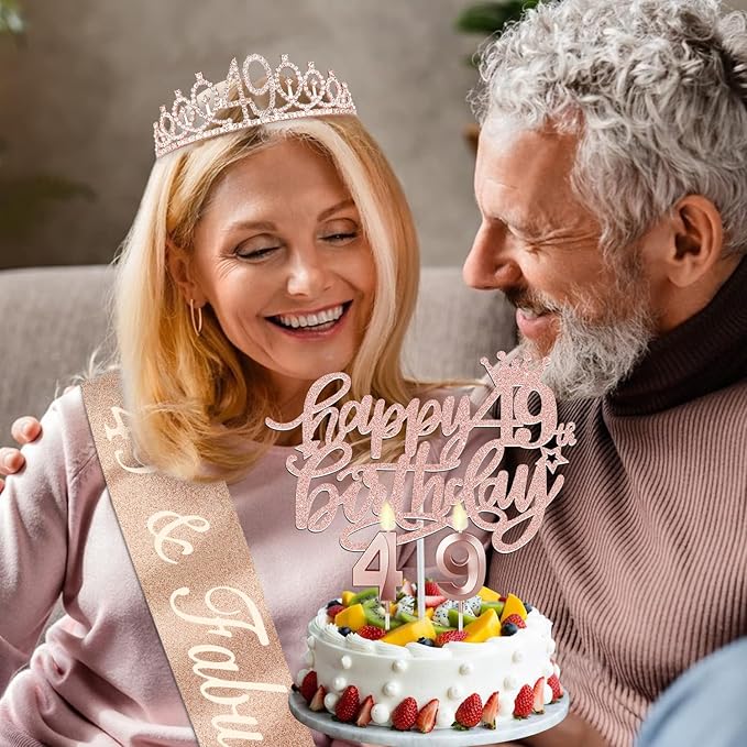 49th Birthday Decorations for Women with 49th Birthday Sash and Tiara, Cake Topper and Candles, Number Balloons, 49 Year Old Gifts for Women